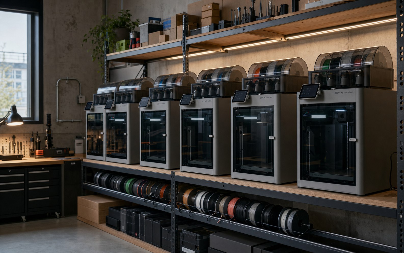 Kleine professionelle Druckfarm mit fünf Bambu Lab X1 Carbon Systemen